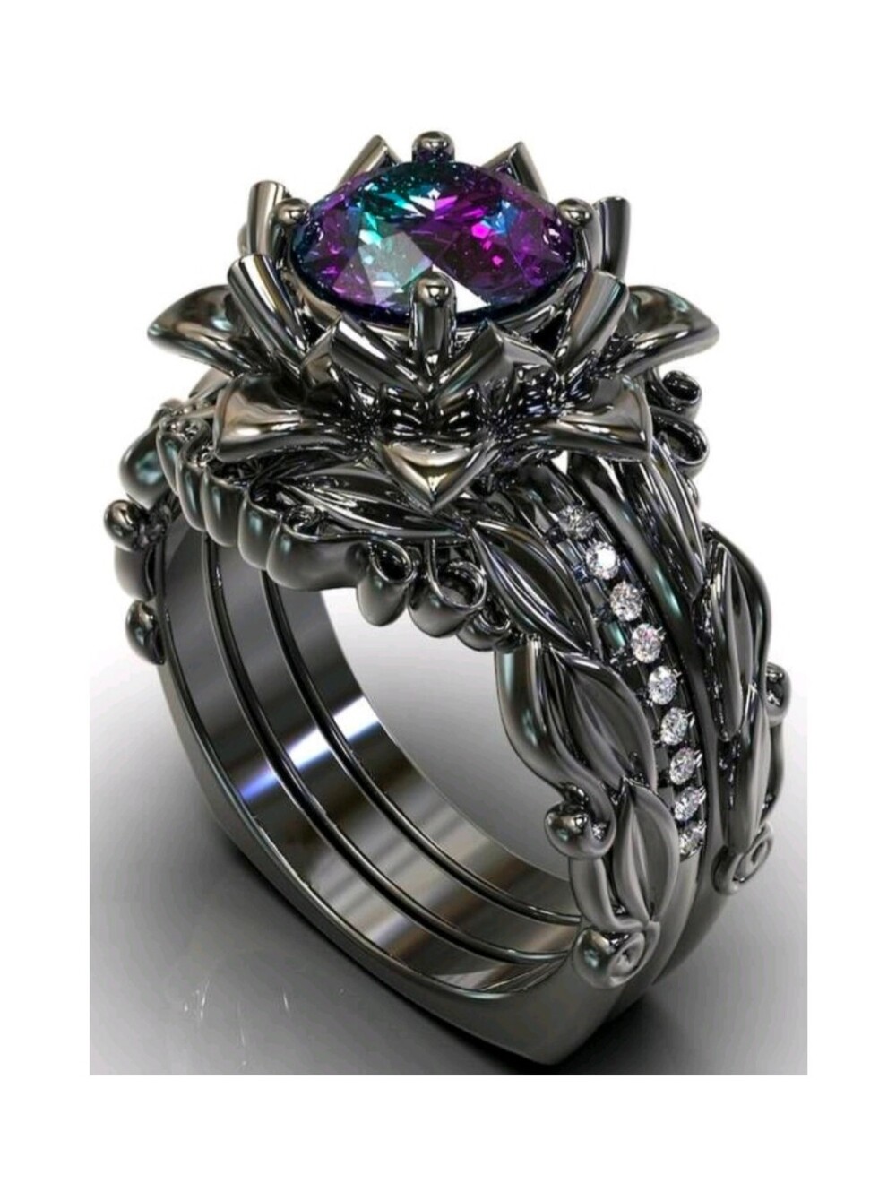 Mystic Floral Black Ring w/ Purple Green Stone Gothic Whimsigoth Dark Academia 7